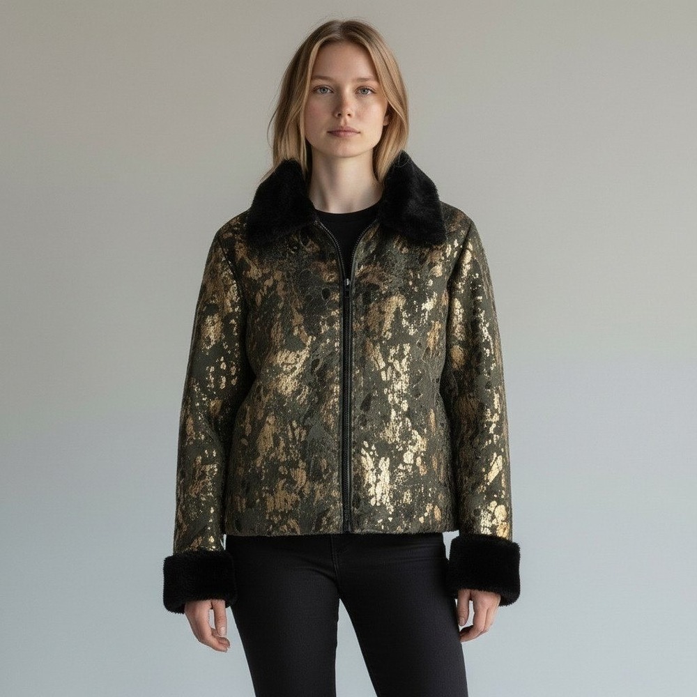 Rochelle California Gold Metallic Faux Fur Trim Zip Up Jacket Womens Medium